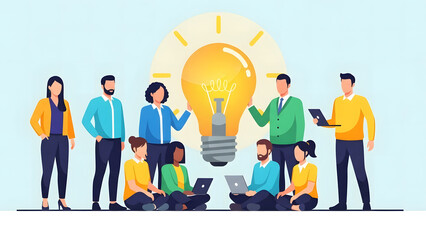 Idea Ignition: A diverse team collaborates around a bright lightbulb, symbolizing the birth of a brilliant idea and fostering innovation.