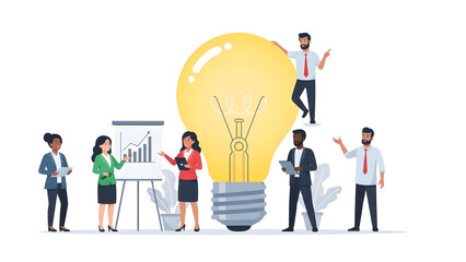 Illuminating Ideas: A dynamic group of professionals gathers around a glowing light bulb, representing innovation, creativity, and the power of collective brainstorming.
