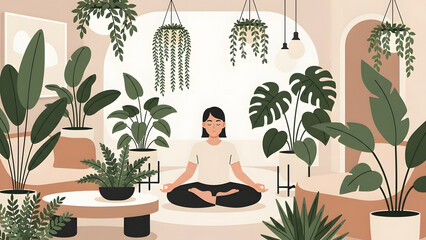 Serene Indoor Sanctuary: A person finds peace in a lush, green indoor sanctuary filled with various plants, embracing tranquility through meditation.