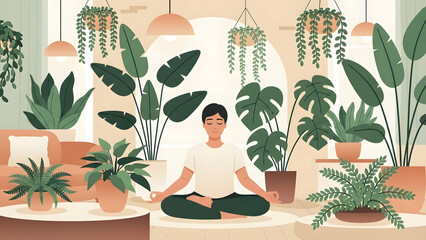Serene Meditation in Green Sanctuary: A calm individual finds inner peace through meditation amidst a tranquil, plant-filled environment, embodying serenity and mindfulness.