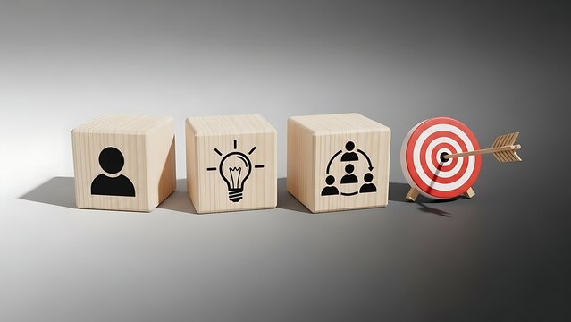 Wooden blocks with business and target with arrow cubes people lightbulb