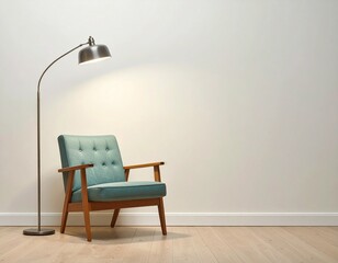 Modern Minimalist Living Room with Teal Tufted Armchair and Arc Floor Lamp