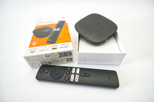 Suzano, Sao Paulo - Brazil - december 03, 2025: Xiaomi TV Box with Remote Control