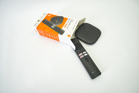 Suzano, Sao Paulo - Brazil - december 03, 2025: Xiaomi TV Box with Remote Control