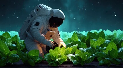 Astronaut tending to vibrant green plants in a serene extraterrestrial garden at night