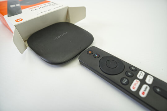 Suzano, Sao Paulo - Brazil - december 03, 2025: Xiaomi TV Box with Remote Control