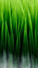 Vibrant fresh green grass blades displaying glistening water droplets and white air bubbles closeup view