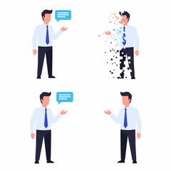 Man Talking Explaining Information Communication Dissolving Into Pixels Degrading Digital Data Loss Concept