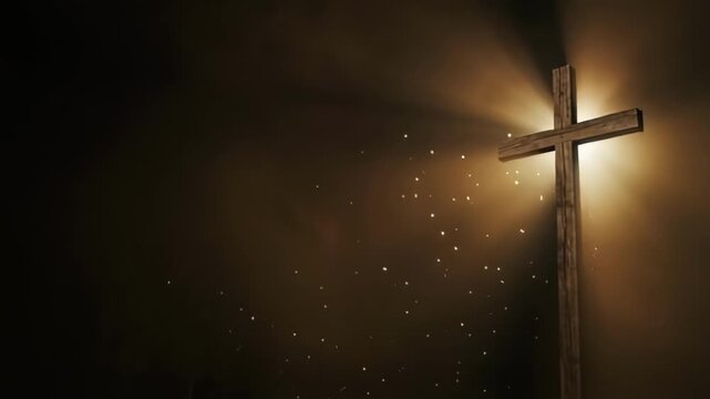 Dramatic wooden cross illuminated by divine light with sparkling particles