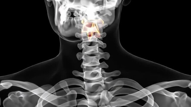 Medical X-ray of Human Cervical Spine with Highlighted Vertebrae.