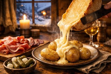 Melted raclette cheese served over potatoes in cozy alpine cabin