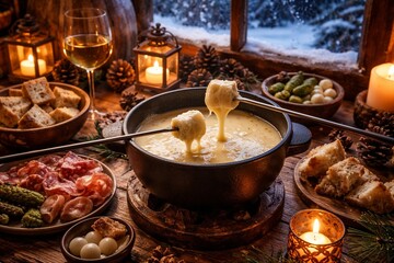Cheese fondue with bread and charcuterie in cozy winter cabin