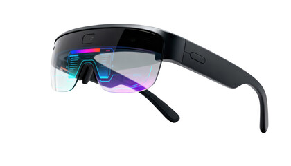 Side view of sleek augmented reality glasses showcasing semitransparent headsup display overlays designed for enhanced color differentiation.