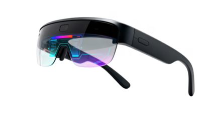 Side view of sleek augmented reality glasses showcasing semitransparent headsup display overlays designed for enhanced color differentiation.