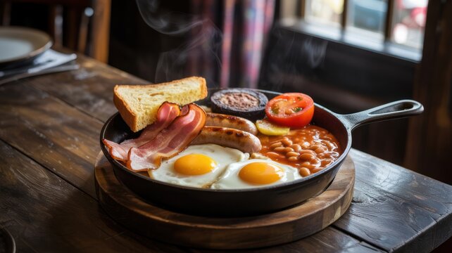 Full English breakfast served in a cast iron skillet with fried eggs, sausages, bacon, baked beans, and toast on a rustic wooden table.