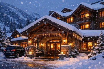Cozy Mountain Ski Lodge with Lights During Snowfall at Night