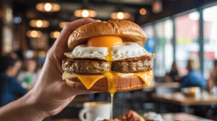 Obraz premium Hand holding a gourmet double sausage breakfast burger with a runny fried egg and melted cheese in a restaurant.