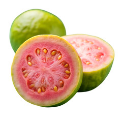 A vibrant display of fresh guava fruit featuring a whole and halved specimen on