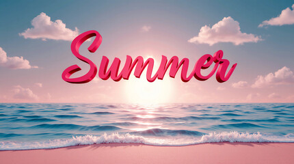 A vibrant pink 3D script reading "Summer" floats above a turquoise ocean and pink sand beach at sunset, featuring a soft glowing sun and fluffy white clouds in a pastel sky.