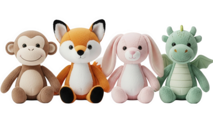 Colorful Plush Toys Lineup: Monkey, Fox, Bunny, and Dragon