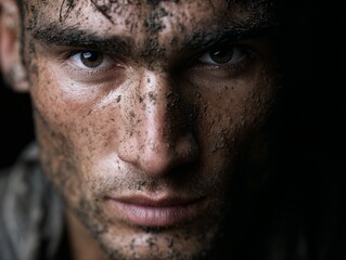 Obraz premium Intense close-up of muddy man's face in dramatic lighting