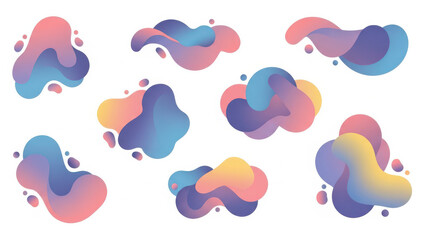 Collection of abstract organic liquid shapes with vibrant pastel gradients of pink purple and blue isolated on a white background for modern branding and graphic design