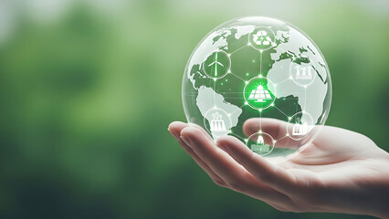 Hand holding digital globe with environmental icons