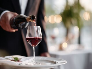 Pouring red wine into glass in elegant restaurant setting