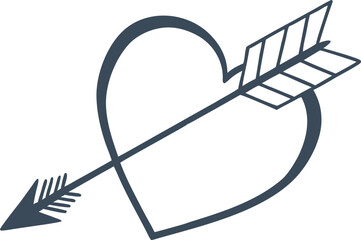 Hand drawn heart with arrow icon, Cupid's arrow piercing a heart, romantic love symbol for Valentine's Day.