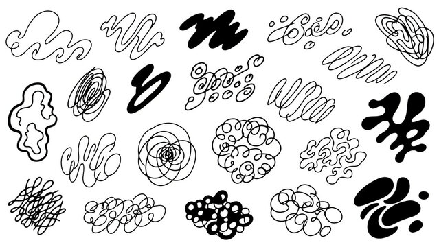 Set of abstract black hand drawn scribbles and chaotic ink doodles featuring curly lines tangled circles and organic messy shapes isolated on a white background - Powered by Adobe