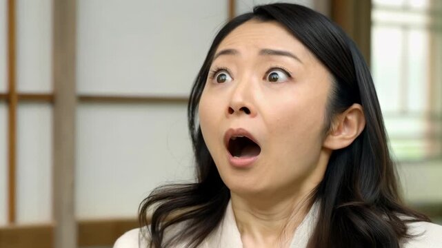 Woman surprised astonished shocked open mouth wide eyes indoor portrait expressing astonishment and shock in interior setting