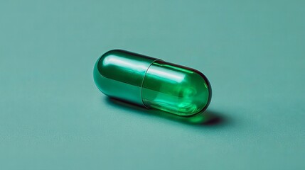 Single Green Capsule on Light Blue Background, Close-Up View