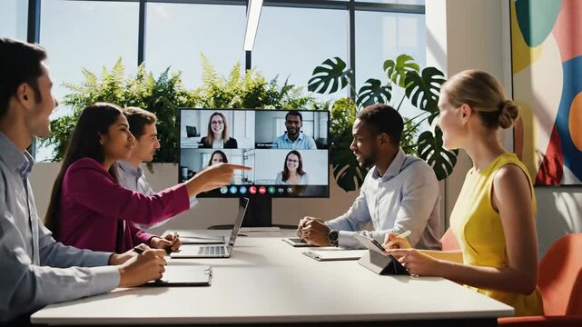 Diverse professionals connect globally in a modern office, fostering collaboration through a dynamic video conference for an impactful hybrid business meeting