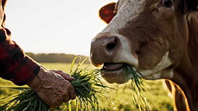 Close-up of a human hand offering fresh green grass to a cow. Golden sunlight fills the background