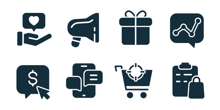 Marketing excellent icon collection. Like support, megaphone promo, gift offer, analytics chart, payment click, mobile chat, shopping target, purchase clipboard icons