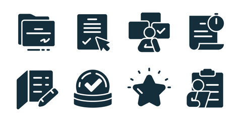 Evaluation and assessment excellent icon collection. Set of report edit, verified approval, quality star, assessor document, signed form, validation check, expert review, rating icons