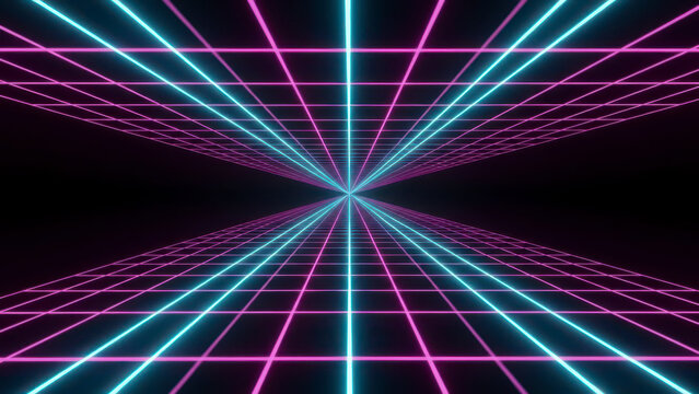 Futuristic 80s retro synthwave background with glowing pink and cyan neon grids extending into an infinite dark perspective horizon for gaming and music design - Powered by Adobe