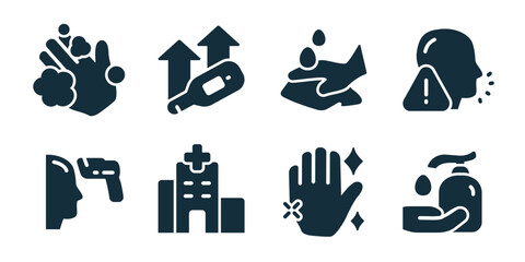 Hygiene and safety excellent icon collection. Hand washing, sanitizer growth, contaminated food, allergy warning, eye check, hospital building, clean hands, patient care icons