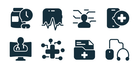 Digital healthcare excellent icon collection. Set of medical monitor, online doctor, health analytics, patient profile, digital diagnosis, telemedicine call, medical data, heart rate icons