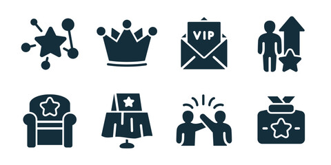 Loyalty benefits excellent icon collection. Set of premium club, reward crown, customer appreciation, exclusive offer, loyalty card, star rating, membership access, bonus gift icons