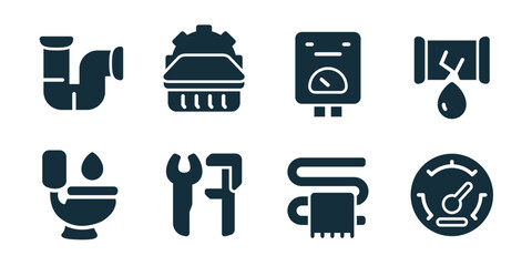 Plumbing excellent icon collection. Set of sink pipe, boiler heater, water meter, leaking pipe, toilet bowl, wrench tool, filter system, pressure gauge icons