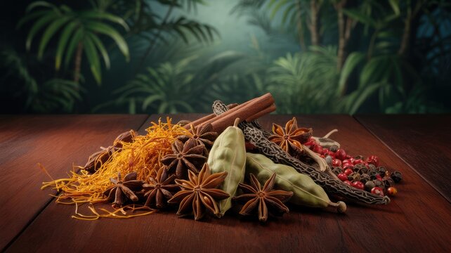 Aromatic Still Life of Star Anise, Black Peppercorns, and Bay Leaves on a Dark Wooden Table with Tropical Green Background - Powered by Adobe