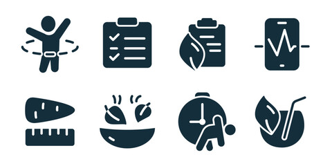 Diet and nutrition excellent icon collection. Waist measure, checklist, eco document, heartbeat phone, carrot ruler, salad bowl, fitness clock, leaf drink icons