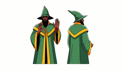 Mystical Wizard Character Design with Green Robe and Pointed Hat overlay