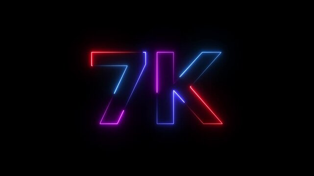 Neon 7 K Resolution Digital Display Glowing Number Seven Thousand in Red Blue Purple Colors on Black Background for Technology and Definition Concepts