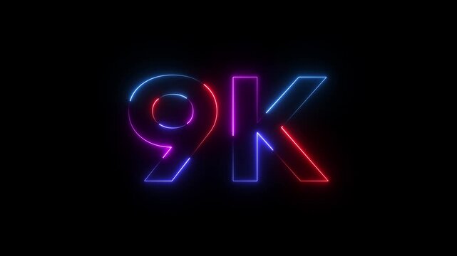 Neon 9 K Glowing Number Sign with Red Blue Purple Lights on Black Background for Social Media Achievement Celebration