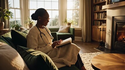 Young female physician finding tranquility and work-life balance, relaxing on a cozy sofa with a book in a sunlit living room