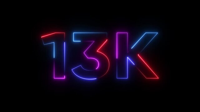 Neon Number 13 K Glowing Purple Blue Red Outline on Black Background thirteen thousand neon sign glowing numbers