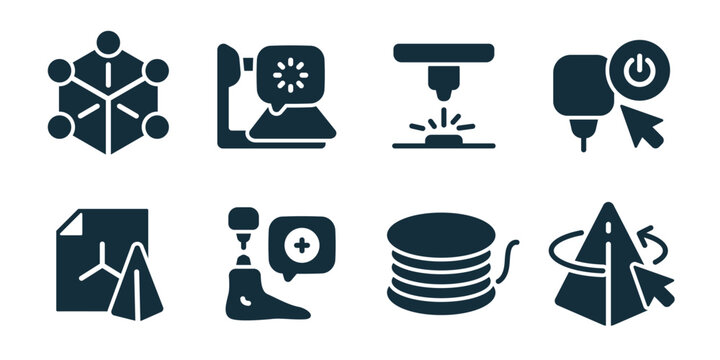 3D printing excellent icon collection. Set of additive manufacturing, object slicing, plastic filament, printing head, build platform, rapid prototyping, precision tool, solid model icons