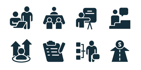 Business training excellent icon collection. Manager review, team meeting, trainer lesson, public speech, promotion growth, checklist plan, candidate selection, career road icons